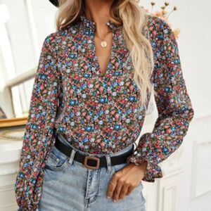 Boho Blue Pink Floral Ruffle Puff Sleeve Top